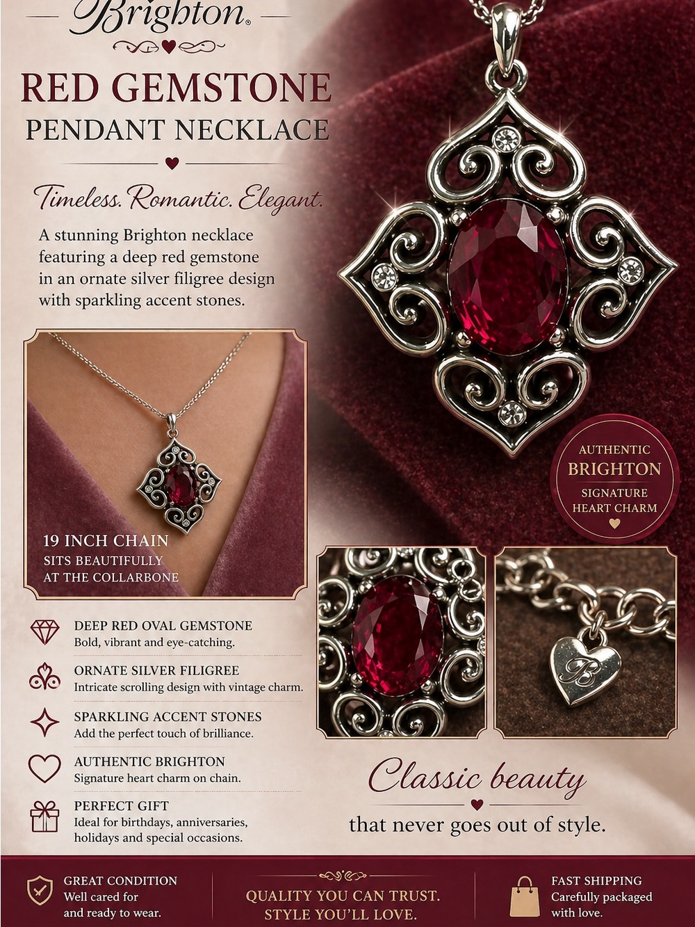 Brighton Red and Silver Filigree Pendant Necklace